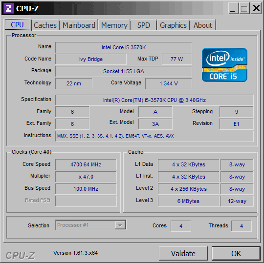 CPU-Z показывает разогнанный Core i5-3570K